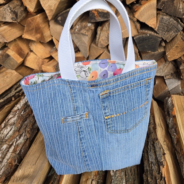 Upcycled Jean Denim Tote Small Easter Basket Bag Floral Fun Stripes