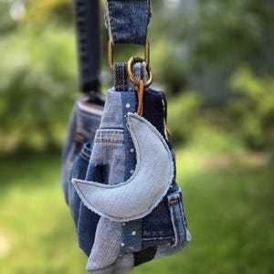Denim Crescent Moon Bag Charm Keychain Upcycled Purse Charm