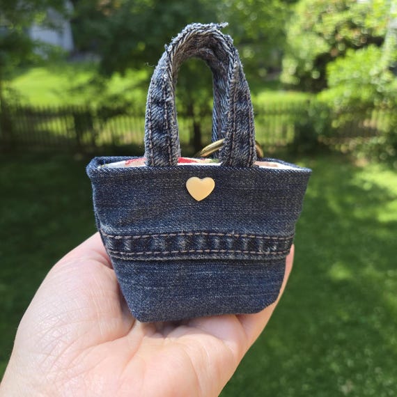 Upcycled Denim Tiny Tote Bag Charm, AirPods Earbuds Holder, Snap Closure
