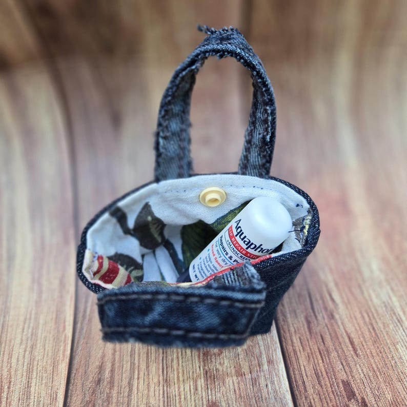 Upcycled Denim Tiny Tote Bag Charm, AirPods Earbuds Holder, Snap Closure image 9