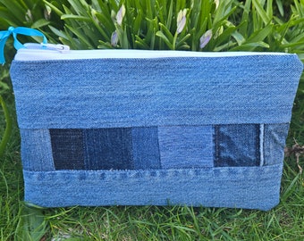Upcycled Jeans Denim Patchwork Zipper Pouch with floral lining and white zipper