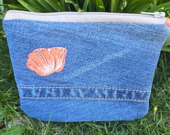 Upcycled Jeans Denim Zipper Pouch with Poppies Vintage Floursack Cloth lining and khaki zipper