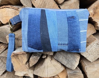 Upcycled Denim Clutch Patchwork Purse with wristlet strap Unique texture and colors