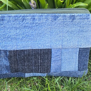 Upcycled Jeans Denim Patchwork Zipper Pouch with dotted lining and green zipper
