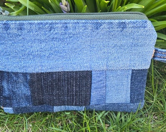 Upcycled Jeans Denim Patchwork Zipper Pouch with dotted lining and green zipper