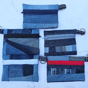 Monedero pequeño con cremallera y diseño plano de patchwork de jeans reciclados, monedero, tarjetero, llavero, cremallera de mezclilla