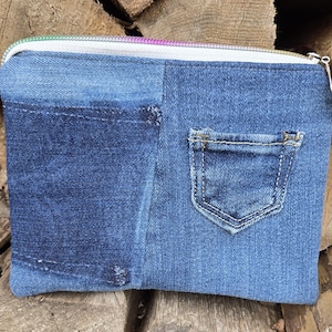 Upcycled Jeans Denim Zipper Pouch with mini pocket and pocket shadow