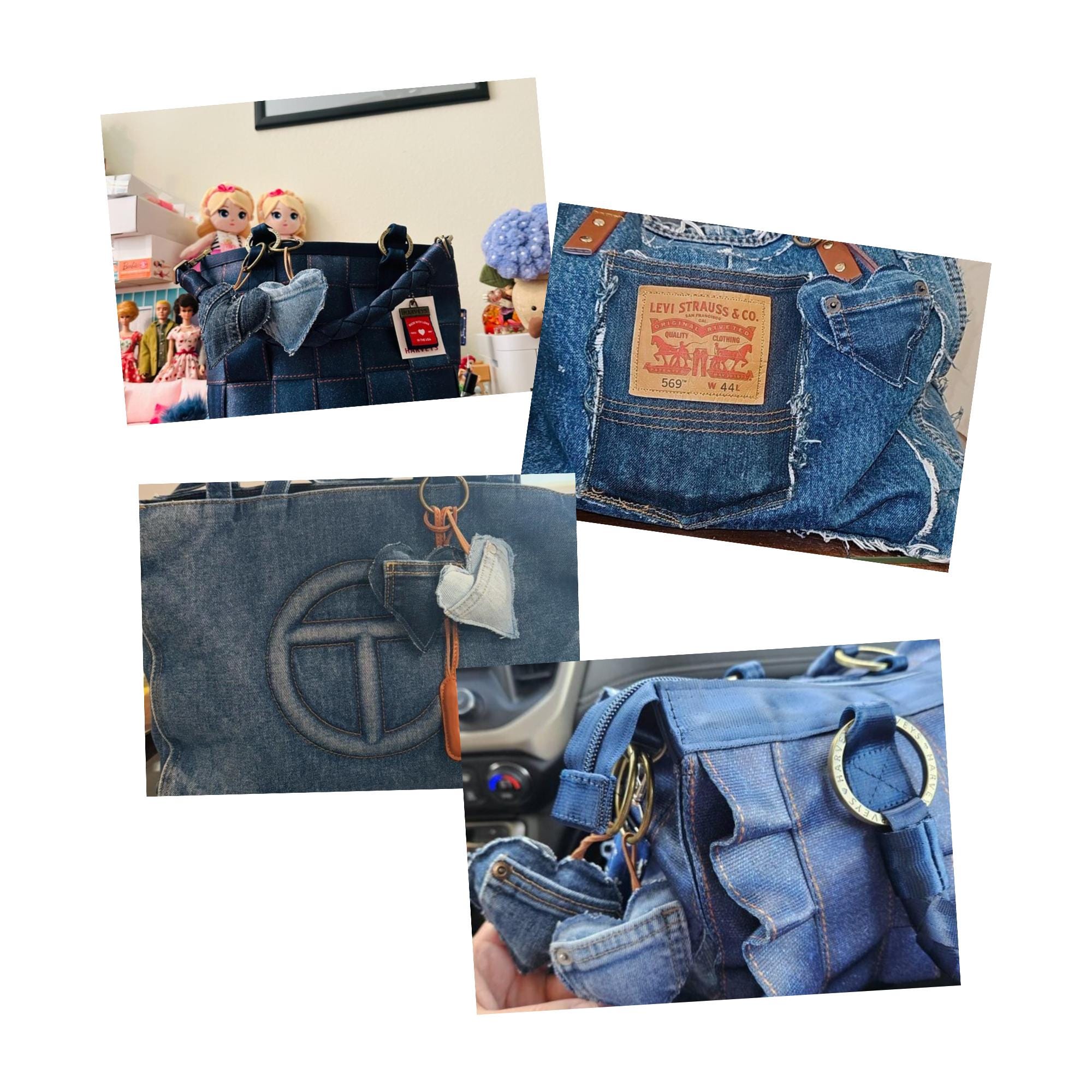 spring bag／バネ口／チャーム付／デニムリメイク ミニポケットデニムハートバッグチャームキーホルダーアップサイクル