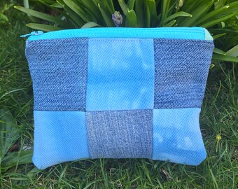 Upcycled Jeans Denim Patchwork Zipper Pouch with Plaid lining and aqua zipper