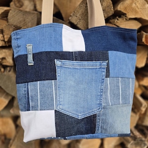 Upcycled Patchwork Denim Jeans Tote Bag with Over the Shoulder Handles abstract Lining BRB#211