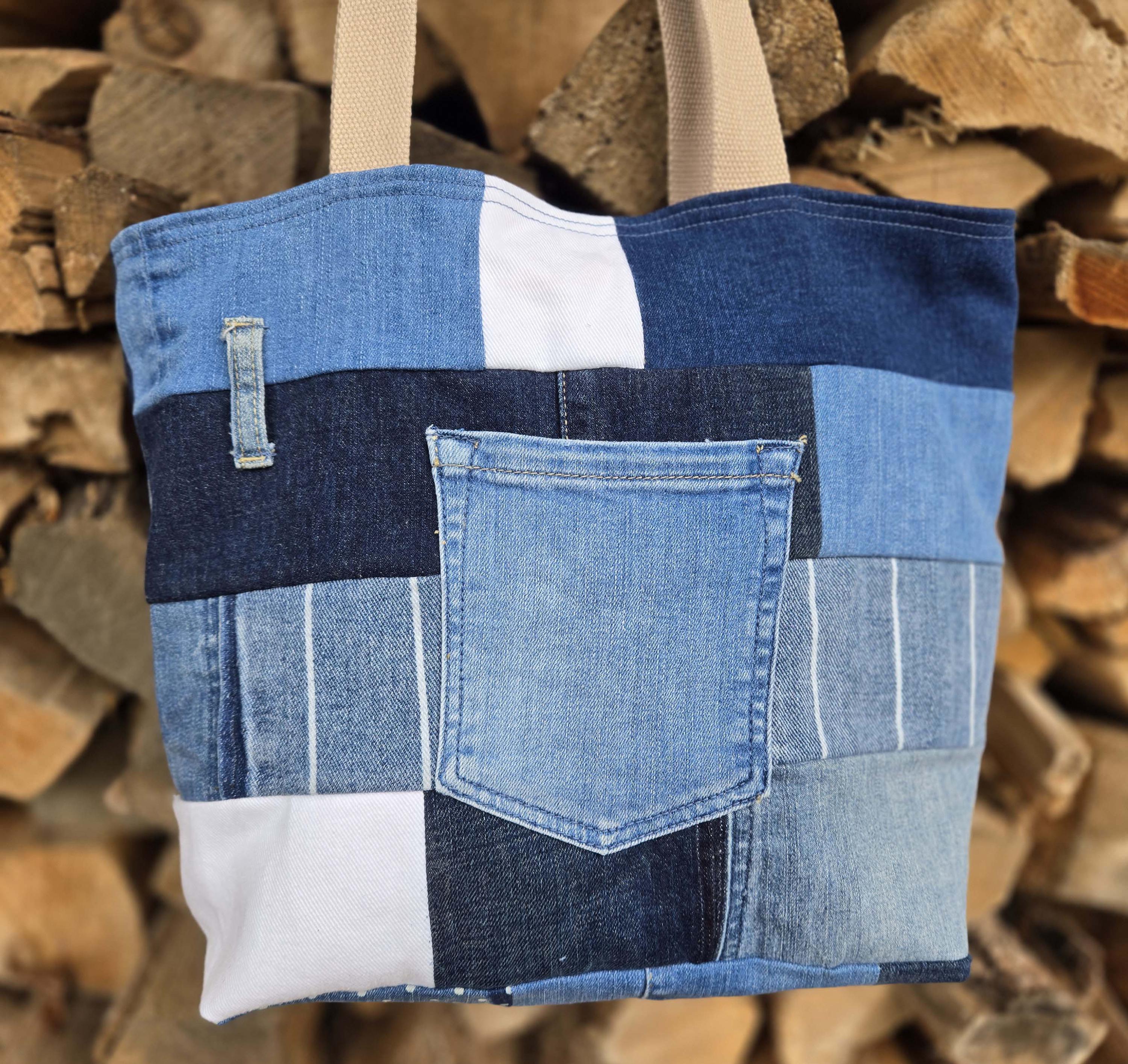 Upcycled Patchwork Denim Jeans Tote Bag With Over the