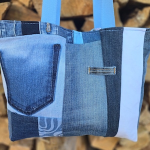 Upcycled Denim Patchwork Tote Bag: Jeans Purse with Pocket & Key Fob