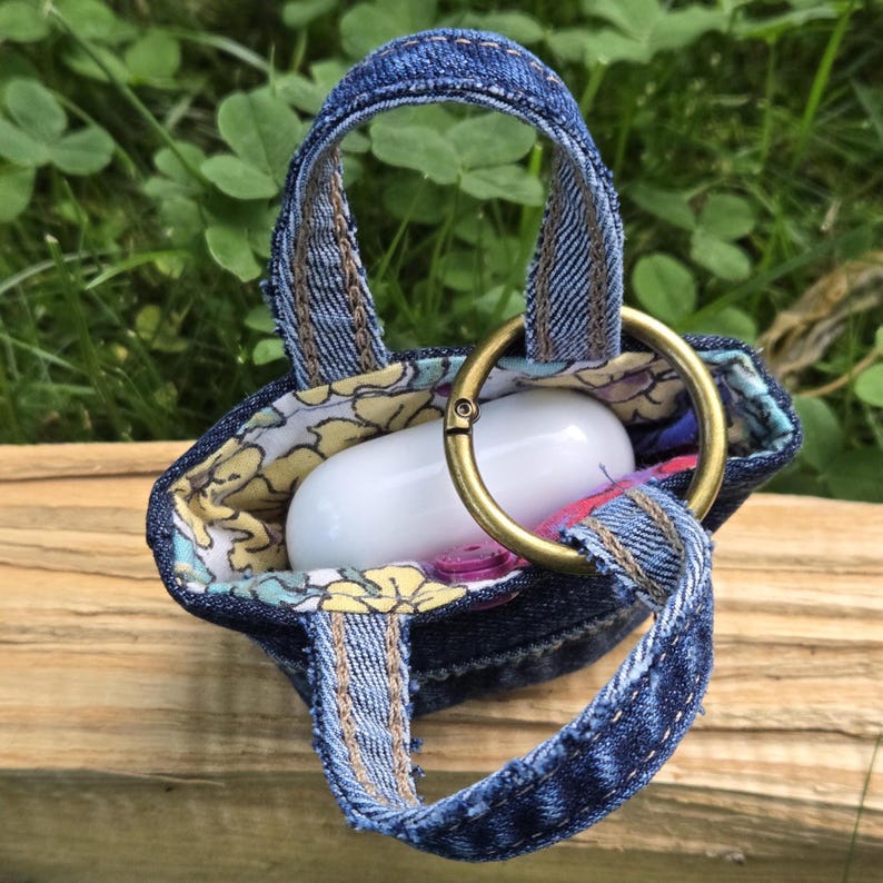 Upcycled Denim Tiny Tote Bag Charm, AirPods Earbuds Holder, Snap Closure image 3