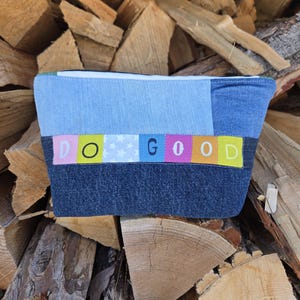 Do Good Patchwork Denim Zipper Pouch Upcycled Jeans Unique proceeds donated