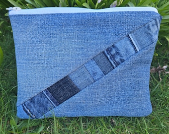 Upcycled Jeans Denim Patchwork Zipper Pouch with blue polka dot lining and white zipper