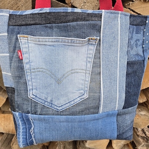 Upcycled Denim Patchwork Tote Bag: Jeans Purse with Pocket & Key Fob
