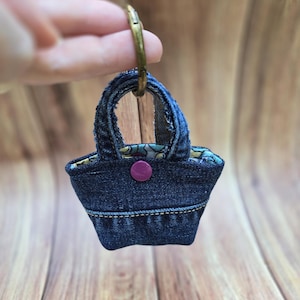Upcycled Denim Tiny Tote Bag Charm, AirPods Earbuds Holder, Snap Closure image 13