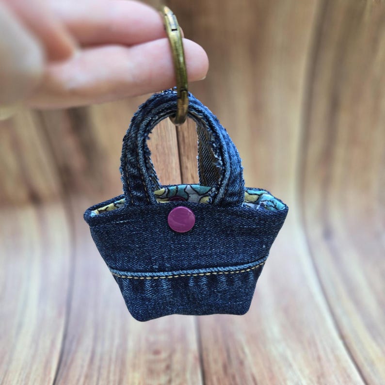 Upcycled Denim Tiny Tote Bag Charm, AirPods Earbuds Holder, Snap Closure image 13
