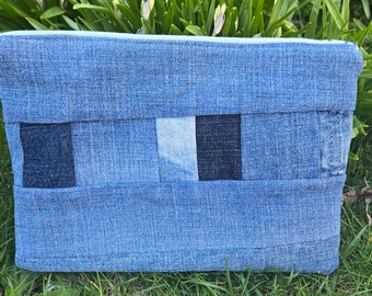 Upcycled Jeans Denim Patchwork Zipper Pouch with blue lining and pale blue zipper