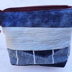 Upcycled Demin Jeans Patchwork Gusset Pouch with Burgandy Zipper and Polka Dot lining BRB#204
