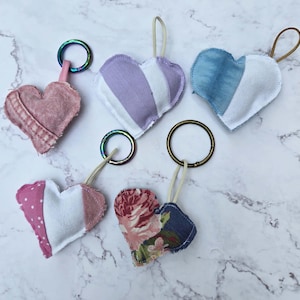 Pastel Denim Heart Bag Charm Keychain Upcycled Patchwork Purse Charm