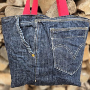 Upcycled Levi&#39;s 514 Denim Tote Bag: Floral Lining & Red Handles