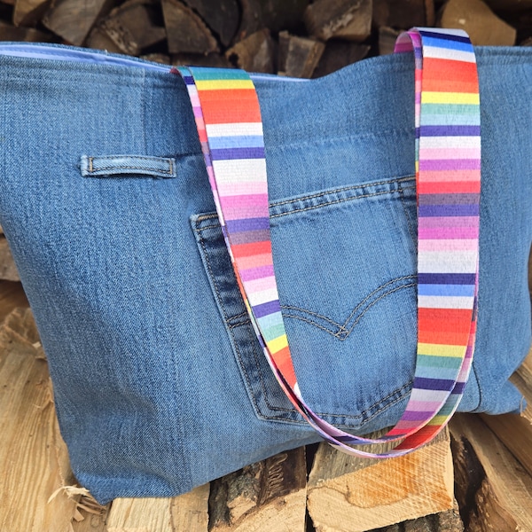 Upcycled Denim Jeans Tote Bag with Rainbow Stripe Handles Zipper Pocket Blue Lining Large