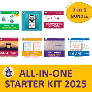 Puede incluir: Un gráfico colorido que presenta materiales educativos. La imagen incluye una etiqueta '7 en 1 BUNDLE' y varias tarjetas de actividades con títulos como 'Earth Day', 'Zoom' y 'Battleships of Words'. También es visible el texto 'ALL-IN-ONE STARTER KIT 2025'.