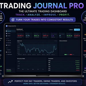 Puede incluir: Una pantalla de portátil muestra el panel de control "Trading Journal Pro", una herramienta de análisis de trading. La interfaz muestra datos financieros, gráficos y métricas. El texto en la pantalla incluye "Track, Analyze, Improve, Profit" y "Turn your trades into consistent results."