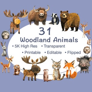 Clipart animaux des bois téléchargement immédiat créatures de la forêt cerf renard hibou ours projets de bricolage carte de voeux décoration de chambre d'enfant artisanat d'art imprimable