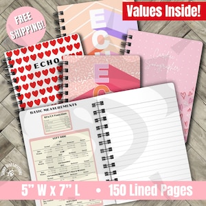 May include: A set of four spiral bound notebooks with different covers. The covers feature a pink and white geometric pattern, a pink and white pattern with the letter "E", a red heart pattern with the word "ECHO", and a pink pattern with the words "Cardiac Sonographer". The notebooks are 5 inches wide by 7 inches long and have 150 lined pages.