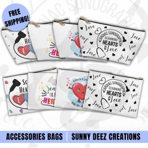 May include: Set of six white zippered pouches with various designs featuring a stethoscope, a heart, and text related to cardiac sonography. The text includes "Cardiac Sonographer Scanning Hearts with Love" and "Aorta Be A Laugh Being This Damn Good".