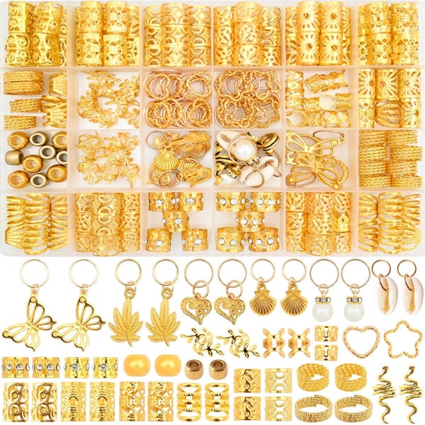 236PCS Gold Hair Accessories Beads: Jewelry and Charms Braids,Rings,Dreadlock,Loc and Hair Cuffs - Rave Hair Accessories