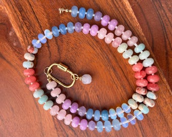 Rondelle Gemstone Necklace: Handmade Rainbow Candy Necklace with 9K Gold Carabiner