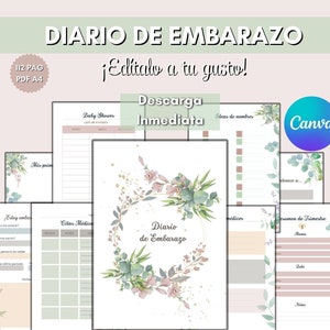 Diario de Embarazo Floral Pastel con Seguimiento Semanal,Planificador Editable,Regalo para Mamá,Diario Verde Morado,Edición en Español,Canva