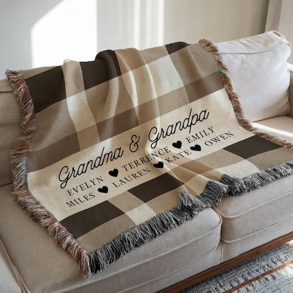 Personalized Grandma & Grandpa Woven Blanket With Grandkids Names, Custom Family Keepsake Gift for Nana Gigi Birthday Gift for Grandparents