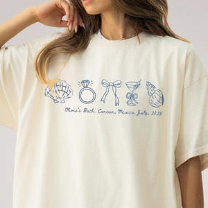 T-shirt personnalisé avec coquillages et cloches de mariage pour enterrement de vie de jeune fille, fête de mariage côtière, fête de plage, dernier toast, week-end entre filles, plage, bach