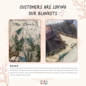 May include: Two woven blankets featuring a mountain landscape with pine trees and a deer. The text 'The Dao's' is printed on the top. The blankets have a fringed edge and a textured appearance with a color palette of cream, green, and brown tones.