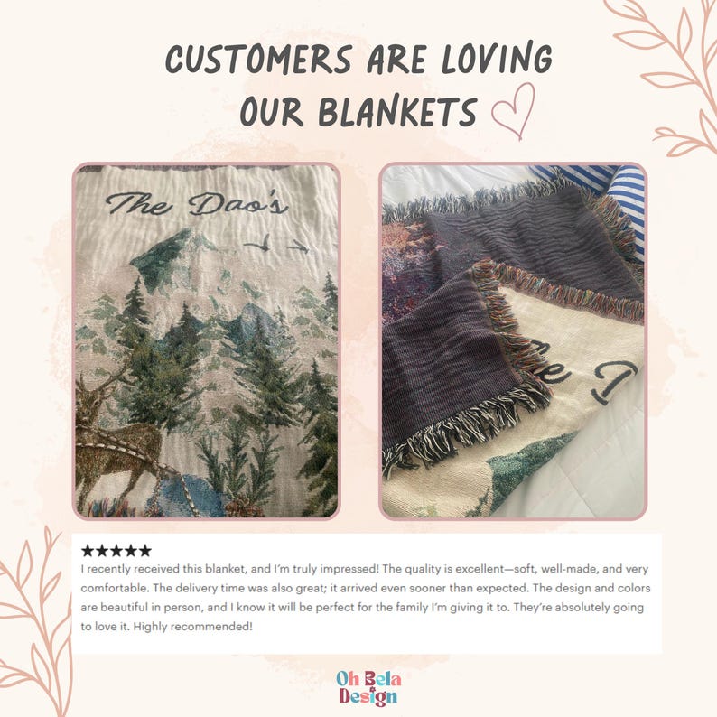May include: Two woven blankets featuring a mountain landscape with pine trees and a deer. The text 'The Dao's' is printed on the top. The blankets have a fringed edge and a textured appearance with a color palette of cream, green, and brown tones.