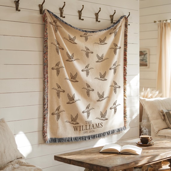 Personalized Mallard Duck Blanket, Hunting Couple Woven Blanket With Family Name, Rustic Cabin Anniversary Gift, Outdoorsy Wedding Keepsake