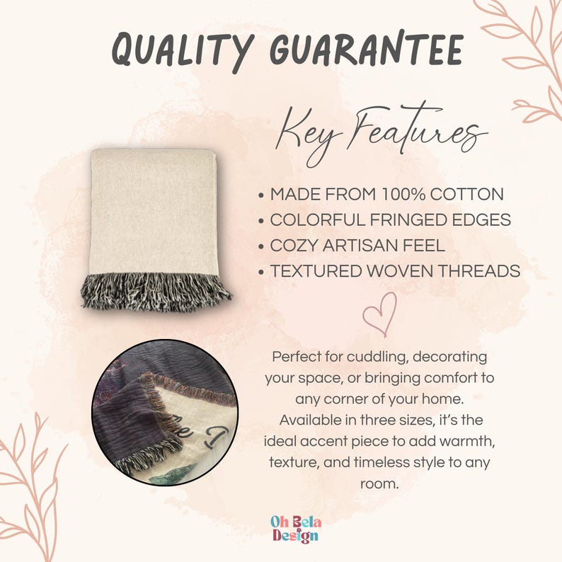 May include: A woven cotton throw blanket featuring a cream-colored main body and multi-colored fringed edges. The image includes text: QUALITY GUARANTEE, Key Features, MADE FROM 100% COTTON, COLORFUL FRINGED EDGES, COZY ARTISAN FEEL, TEXTURED WOVEN THREADS.