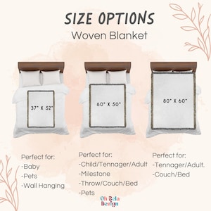 May include: A size guide for a woven blanket featuring three rectangular blankets displayed on beds. The blankets are labeled with dimensions 37" x 52", 60" x 50", and 80" x 60". The text reads SIZE OPTIONS, Woven Blanket, and lists usage categories.