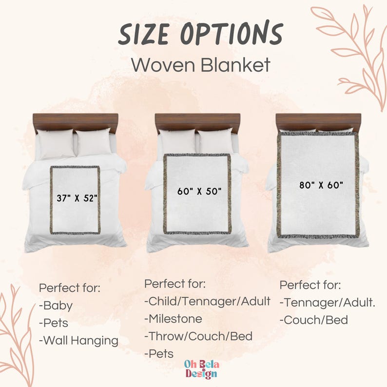 May include: A size guide for a woven blanket featuring three rectangular blankets displayed on beds. The blankets are labeled with dimensions 37" x 52", 60" x 50", and 80" x 60". The text reads SIZE OPTIONS, Woven Blanket, and lists usage categories.