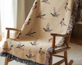 Soft Mallard Duck Woven Throw Blanket, Rustic Cabin Decor, Cozy Hunting Lodge Gift For Dad, Wildlife Tapestry Blanket for Duck Lover
