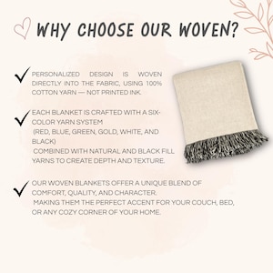 May include: A beige woven blanket with dark fringe, displayed alongside text explaining the manufacturing process. The text reads: WHY CHOOSE OUR WOVEN? PERSONALIZED DESIGN IS WOVEN DIRECTLY INTO THE FABRIC, USING 100% COTTON YARN &mdash; NOT PRINTED INK.