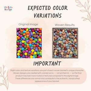 May include: An informational graphic titled EXPECTED COLOR VARIATIONS showing an original image of bright, multi-colored candy pieces next to a woven blanket version with muted, textured colors. Text explains that woven designs use colored yarns.
