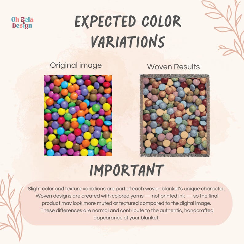 May include: An informational graphic titled EXPECTED COLOR VARIATIONS showing an original image of bright, multi-colored candy pieces next to a woven blanket version with muted, textured colors. Text explains that woven designs use colored yarns.