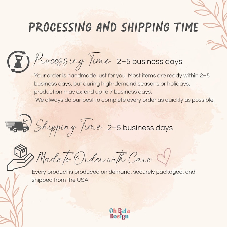 May include: An informational graphic with a light pink background and dark text titled PROCESSING AND SHIPPING TIME. It details production schedules of 2-5 business days, extending to 7 during holidays, and shipping times of 2-5 business days.