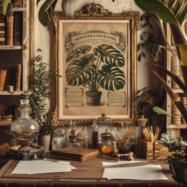 Vintage Monstera Deliciosa Print Botanical Art Illustration Exotic Indoor Plant Poster, Home Decor, Antique, Encyclopedia, Housewarming gift