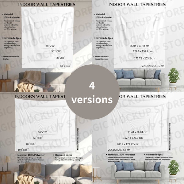 Wall Tapestries Size Chart Mockup, Tapestry Mockup Size Chart, Horizontal Tapestry Mockup, Vertical Tapestry Mockup, Tapestry Size Chart